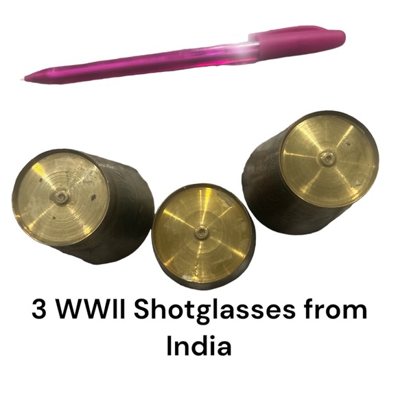 3 Vintage Brass Etched Hand Painted Shot Glass Made in India Circa WWII VTG GUC - Picture 3 of 14